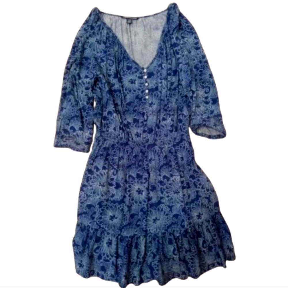 American Living Medium Navy Blue Floral Boho Long Sleeve Fit and Flare Dress
